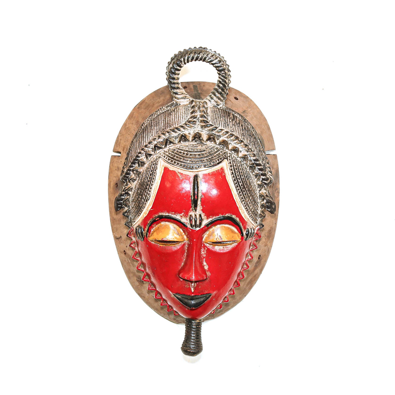 Small red round Baule mask from Ivory Coast
