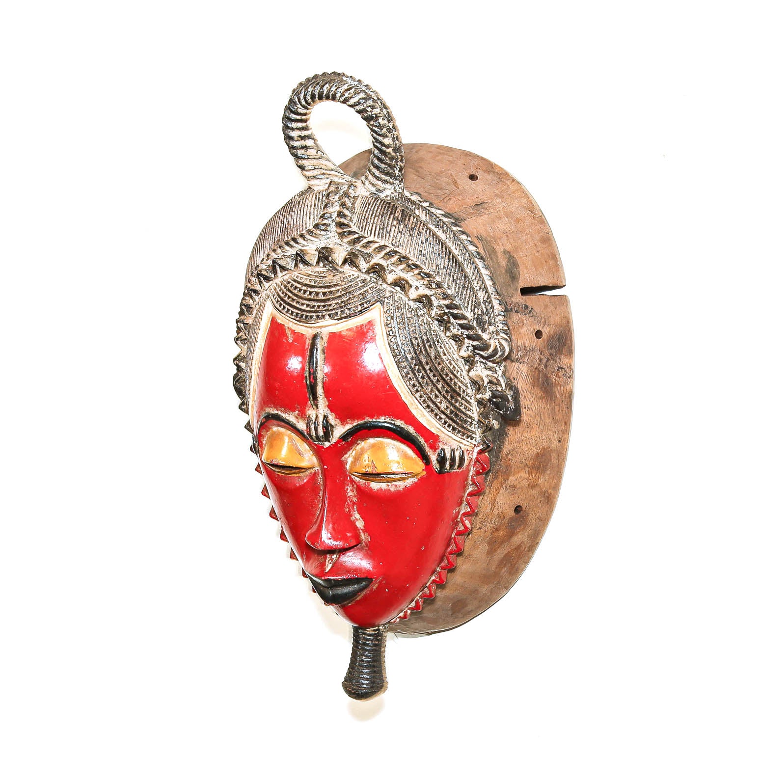 Hand-carved red Baule mask from West Africa