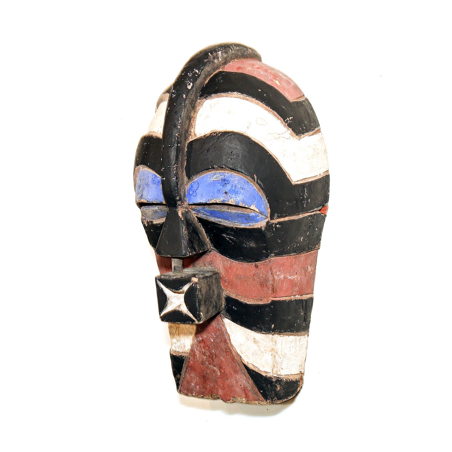 A hand-carved African tribal mask with bold black, white, and red painted stripes, blue painted eye details, and a small black star-shaped nose ornament, shown against a plain white background.