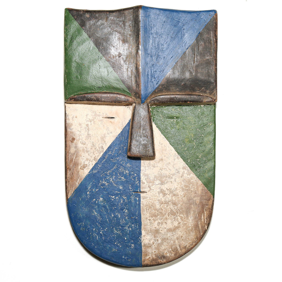 Gabonese Aduma mask with black, white, green and blue decoration, displayed as collectible African tribal art