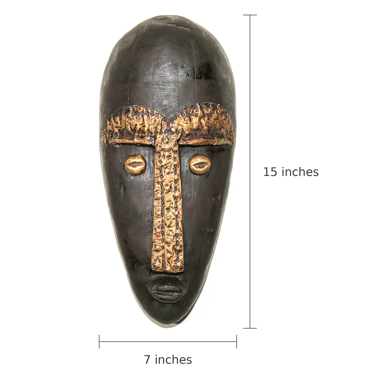 A dark carved wooden African-style mask with gold metallic accents on the eyes, nose, and forehead, shown with dimension lines indicating a height of 15 inches and a width of 7 inches on a white background.