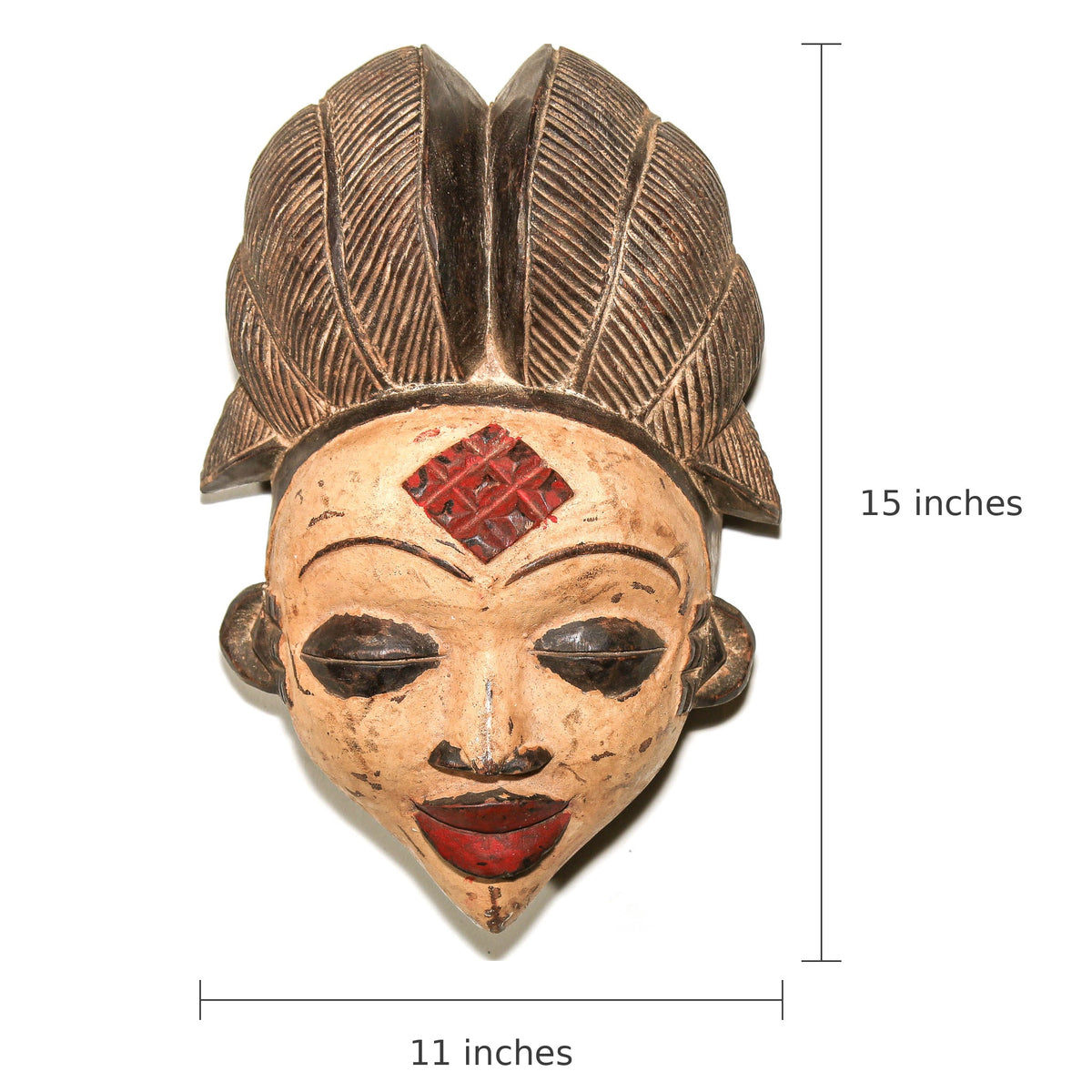 A carved wooden African-style mask with a tall leaf-like headdress, shown on a white background with dimension markers indicating 15 inches tall and 11 inches wide.