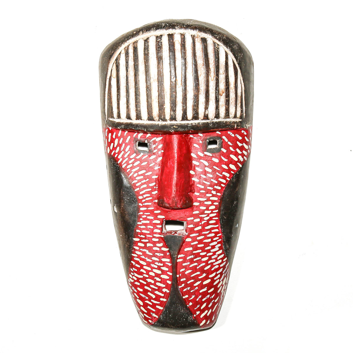 Red Fang-style mask with elongated facial features, bold painted surface, and sculptural Central African-inspired design