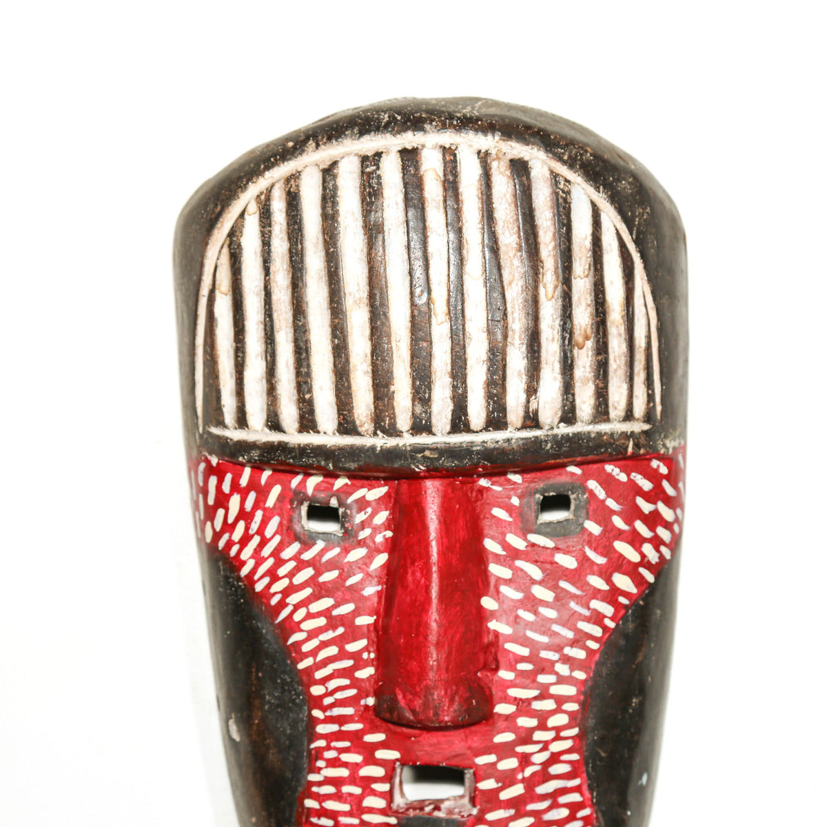 Collectible Fang-inspired mask with red painted surface, elongated facial form, and traditional Central African styling