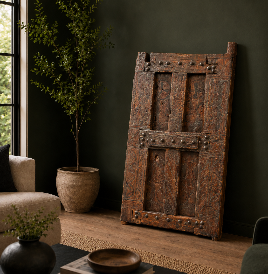 A rustic, weathered wooden door panel leaning against a dark green wall in a styled living room setting with a potted tree, sofa, and wooden floor.