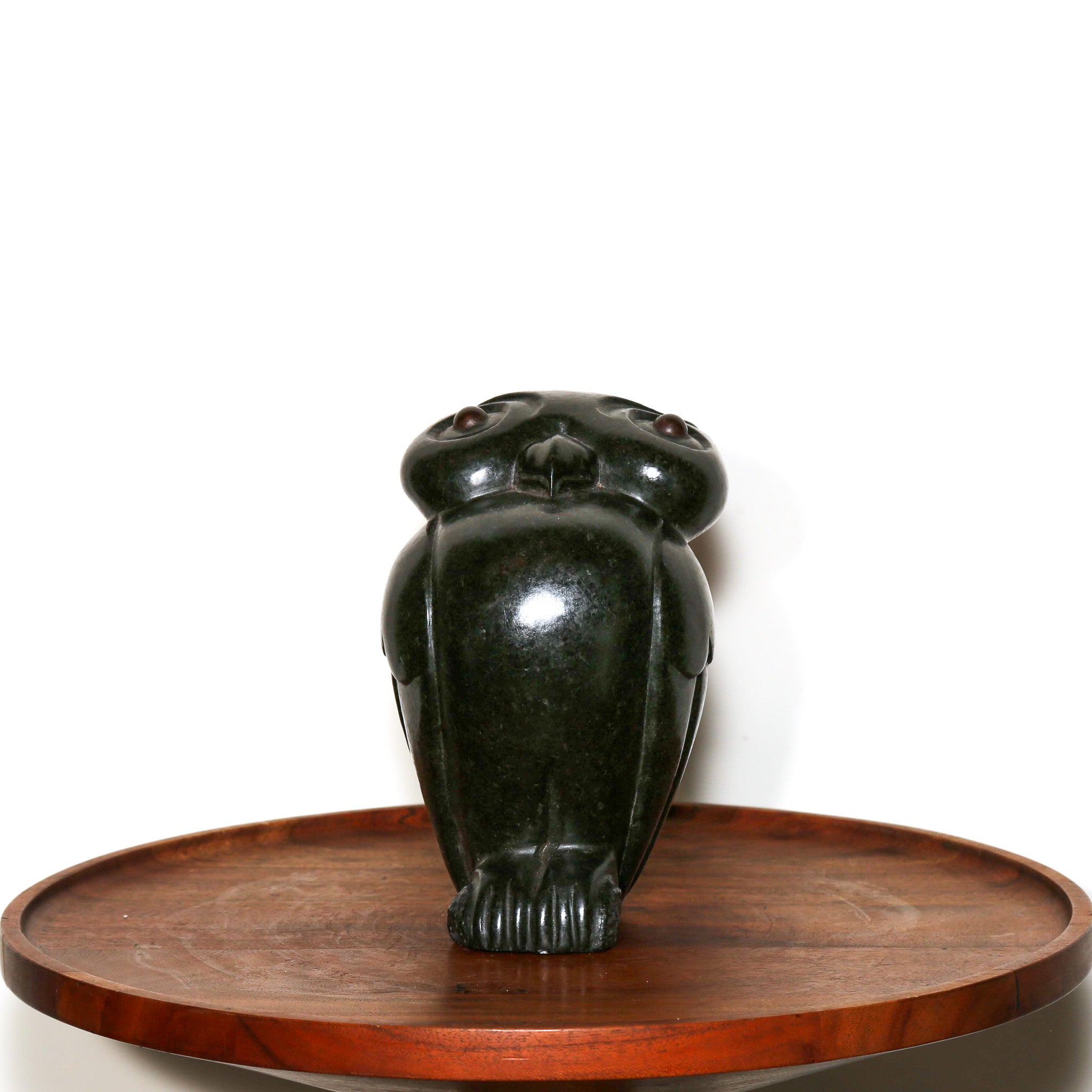 "Observant Owl" Sculpture Carved in Black Stone front