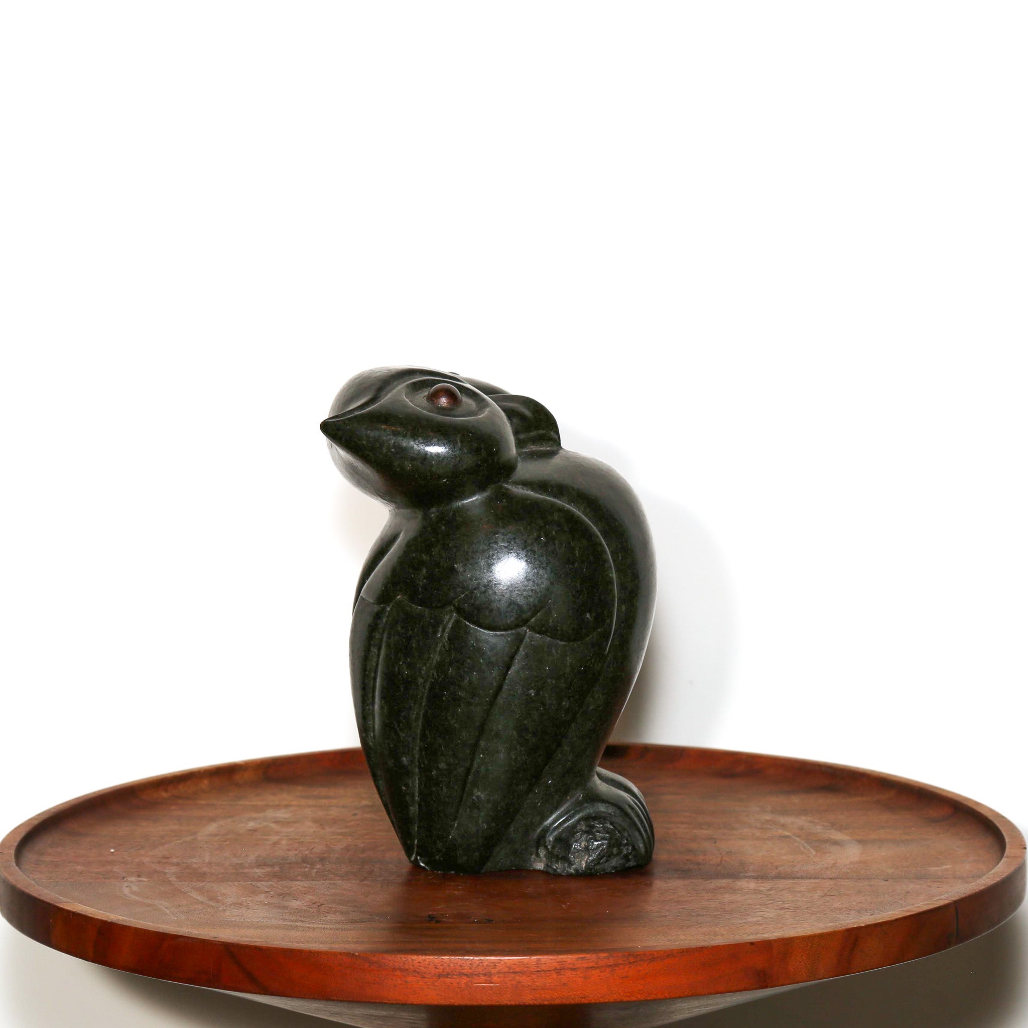 "Observant Owl" Sculpture Carved in Black Stone left side 