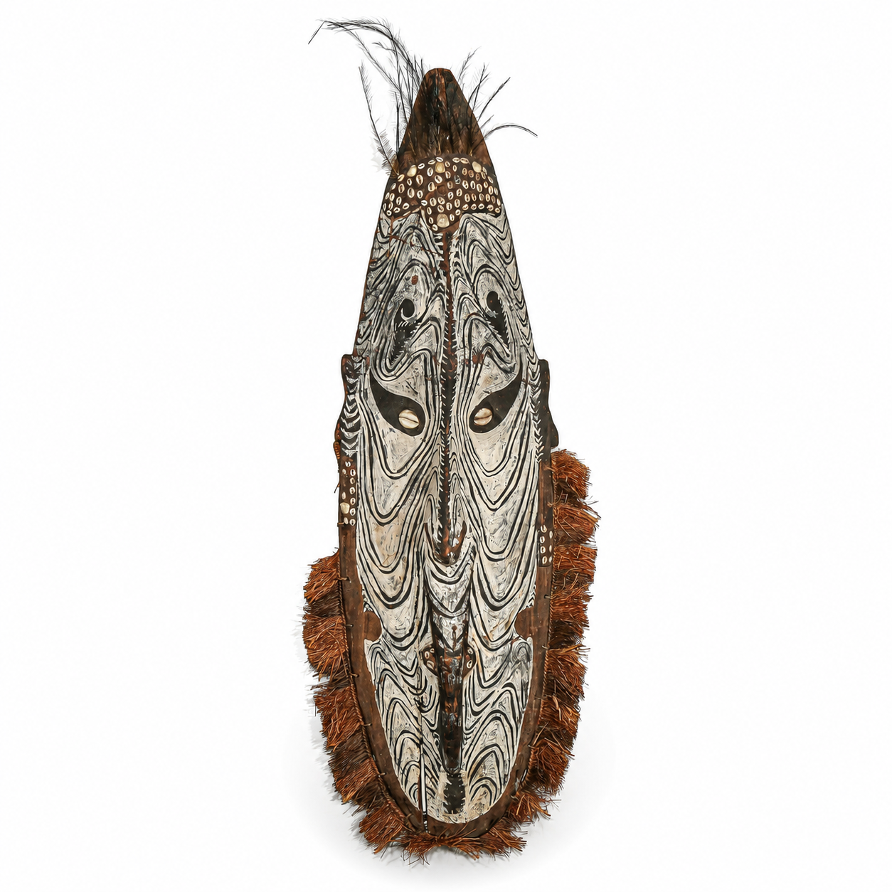 Decorative mask with intricate patterns and feathers on a white background