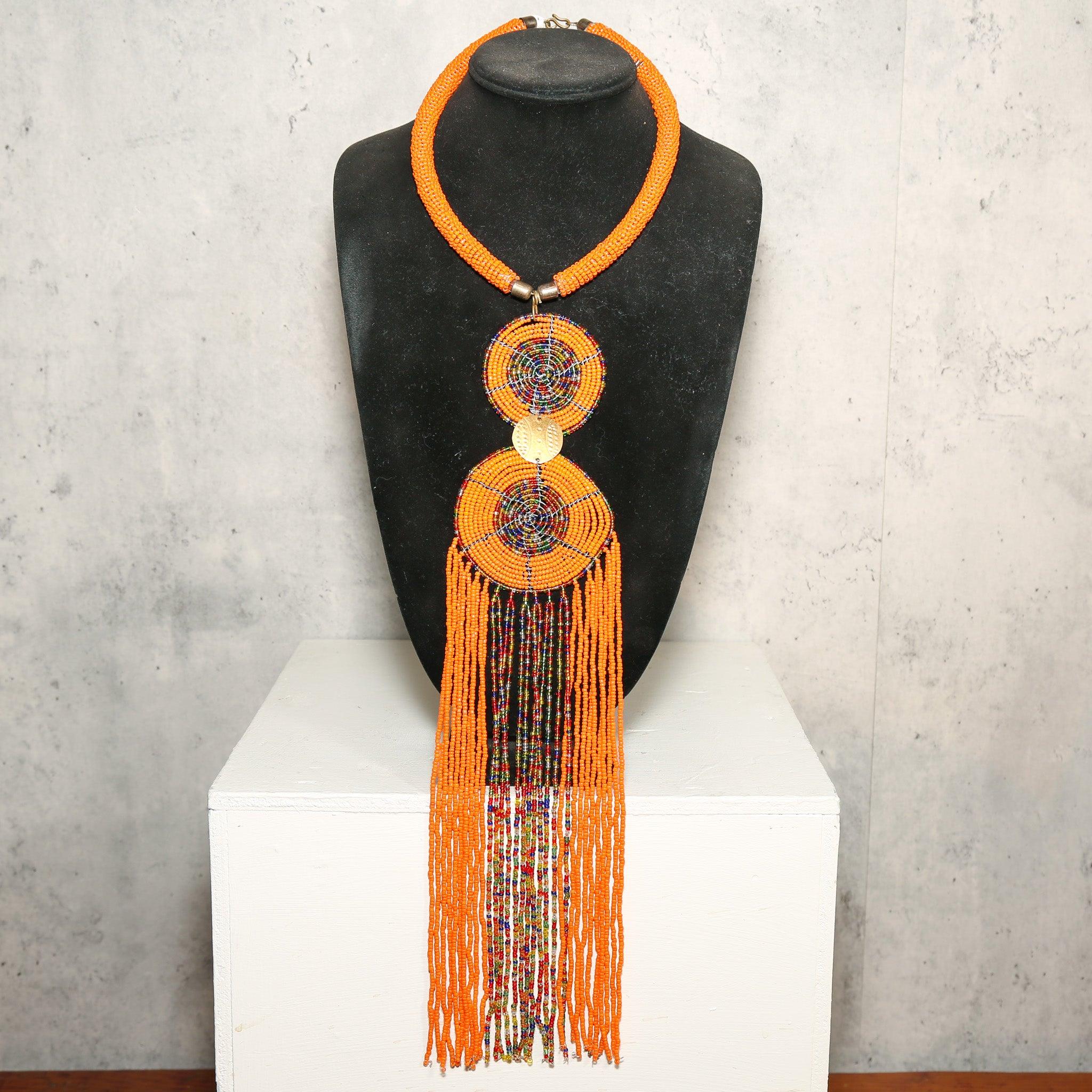 Orange Zulu Beaded Necklace as an Authentic African Beads and Handmade African Jewelry