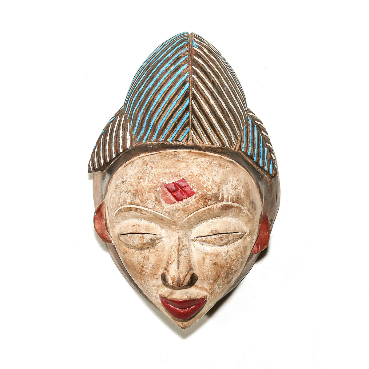 Punu mask from Gabon with blue and red painted highlights, refined facial features, and traditional carved wood form