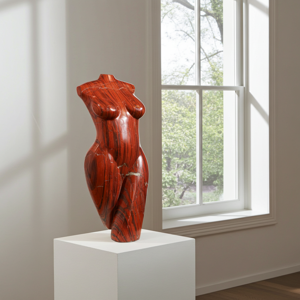 Red marble sculpture of a female torso on a white pedestal in a room with a window.