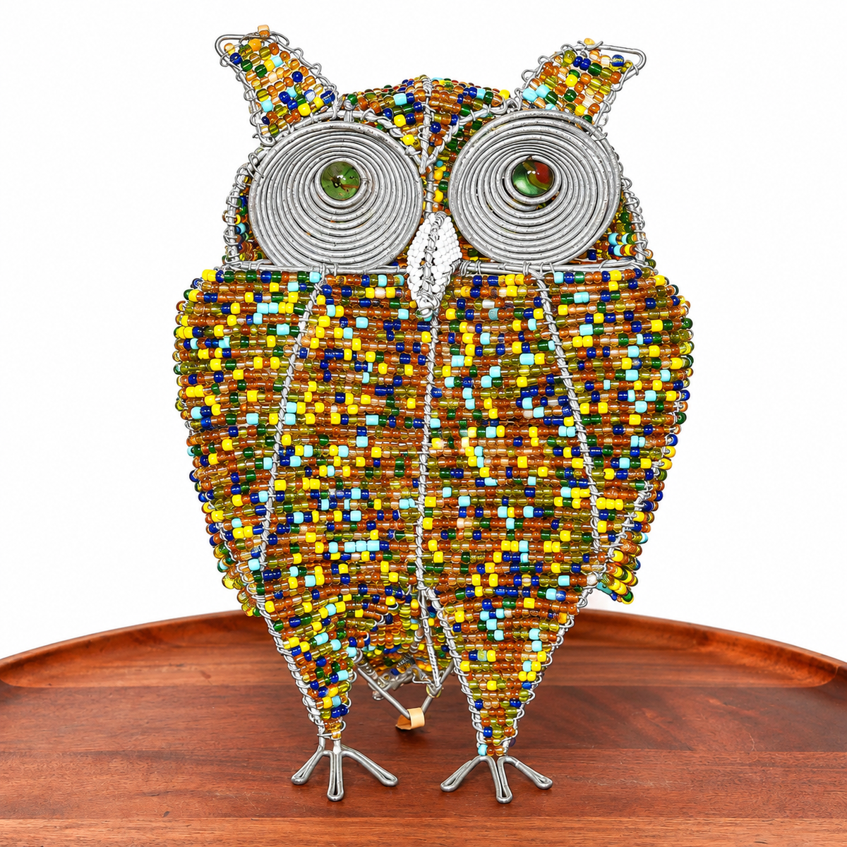 Colorful golden beaded owl sculpture handmade in South Africa with intricate wirework and bright decorative detailing