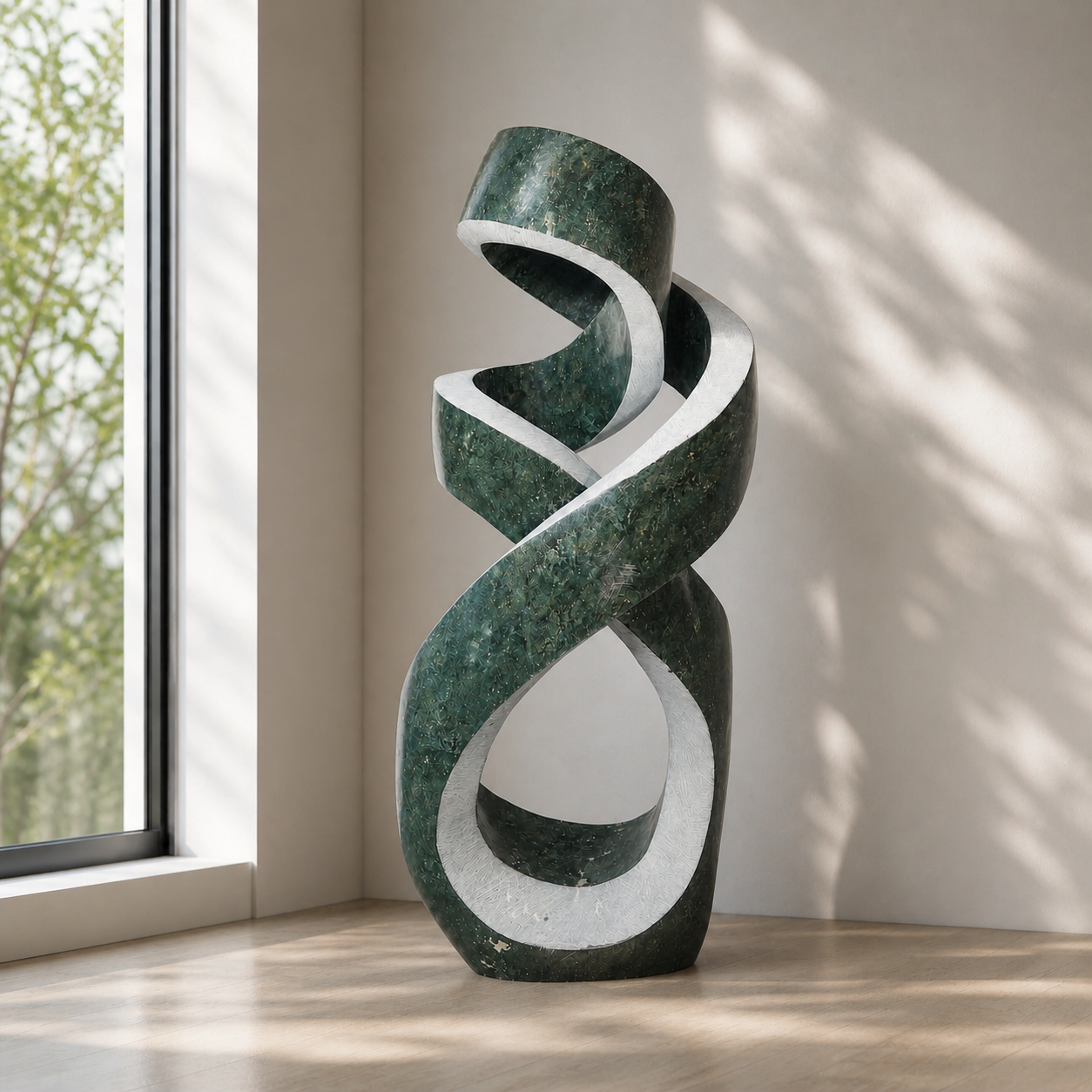 Abstract marble sculpture on a wooden floor with a window in the background