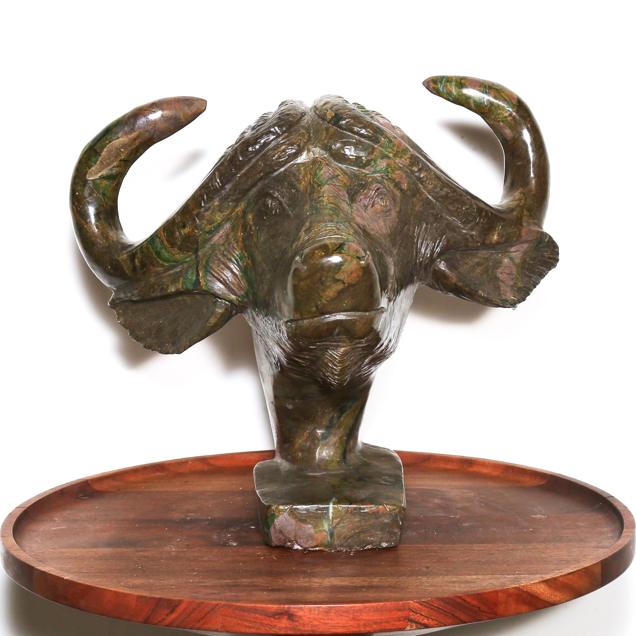 Sculpture of a buffalo from the front