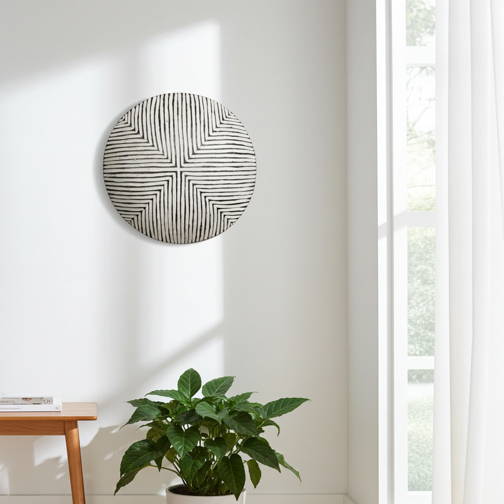 Decorative black and white African wall piece with geometric pattern on a white wall next to a plant and wooden table.