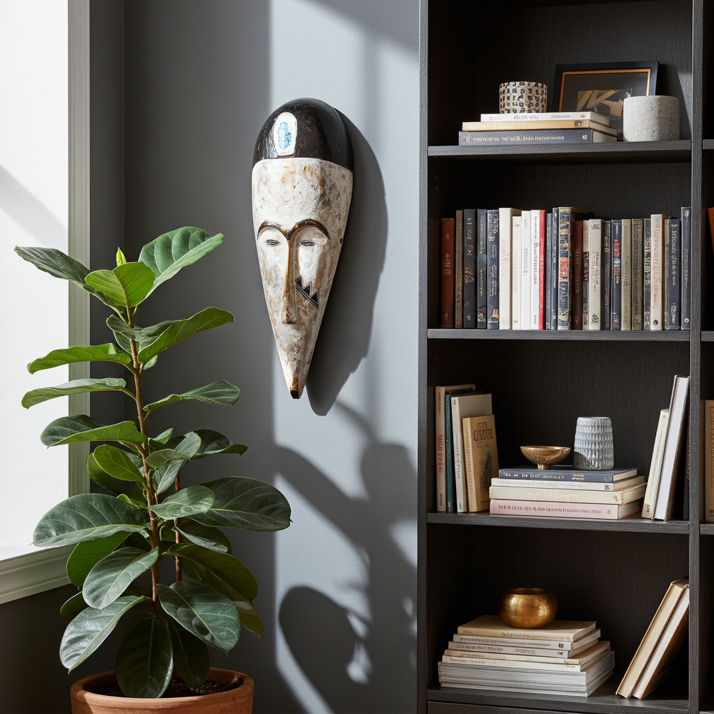 Decorative mask on a wall next to a potted plant and bookshelf with books and decor items.