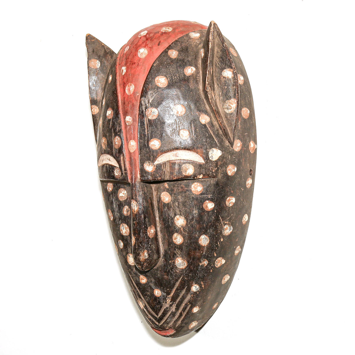 Traditional Bamana animal mask from Mali with carved cat features and bold sculptural details characteristic of West African art