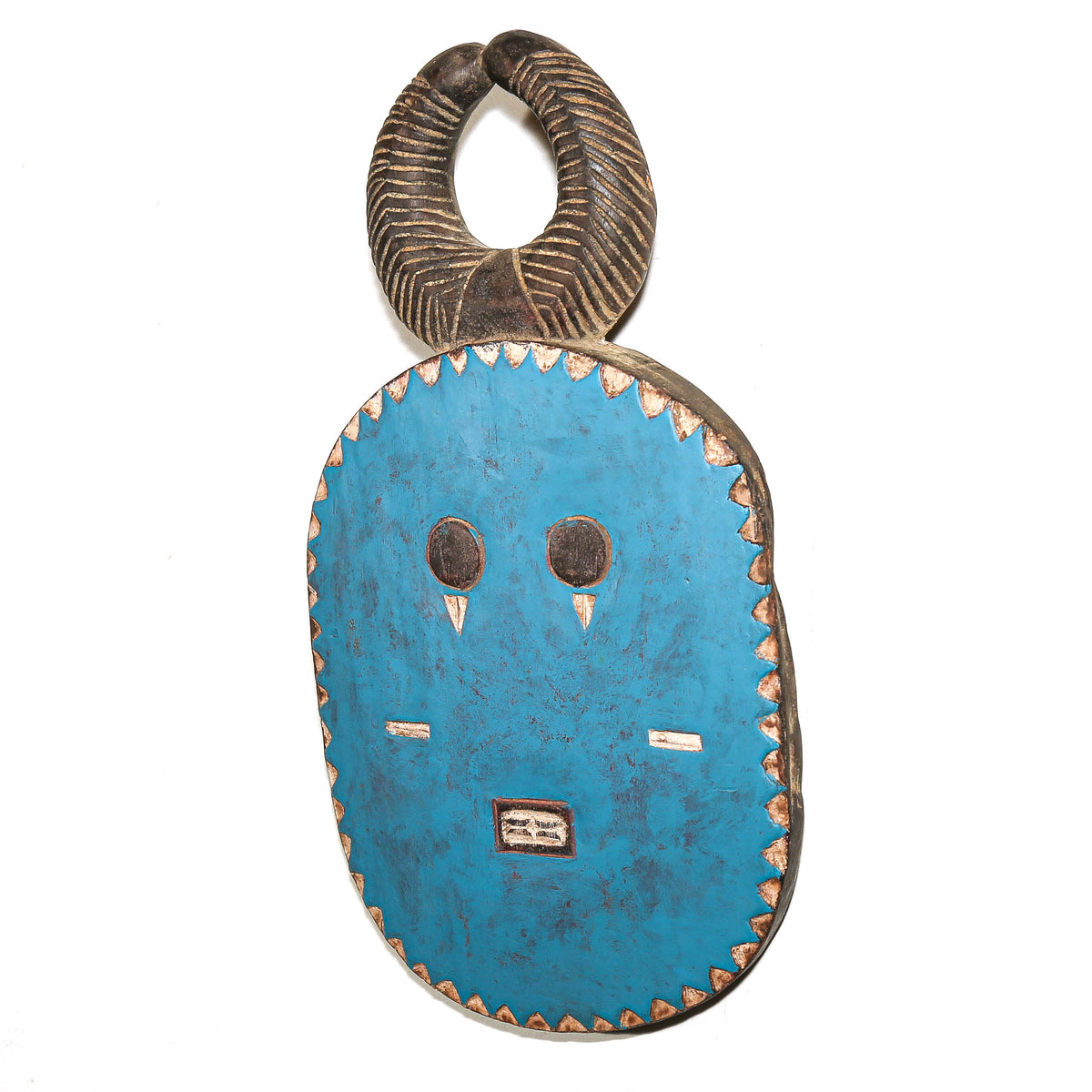 Hand-carved blue Baule Goli mask from Côte d’Ivoire featuring painted details and a strong sculptural presence