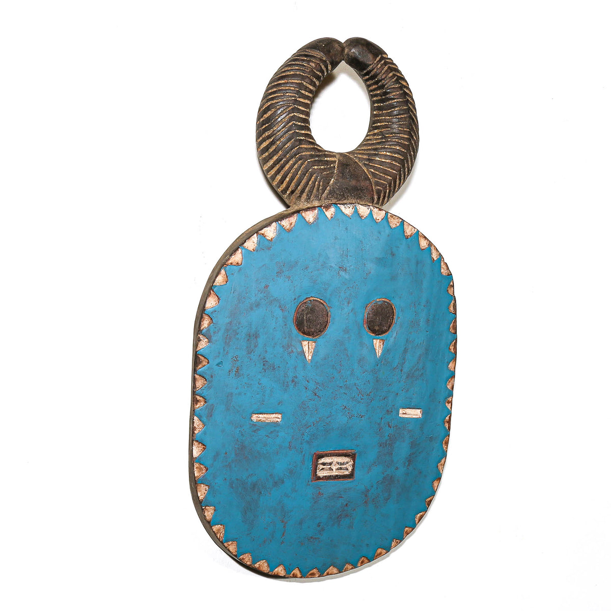 Traditional Baule Goli face mask with blue painted surface and distinctive carved wood form from Ivory Coast