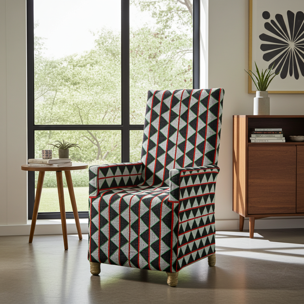Patterned beaded Africanarmchair in a living room with a window and side table.