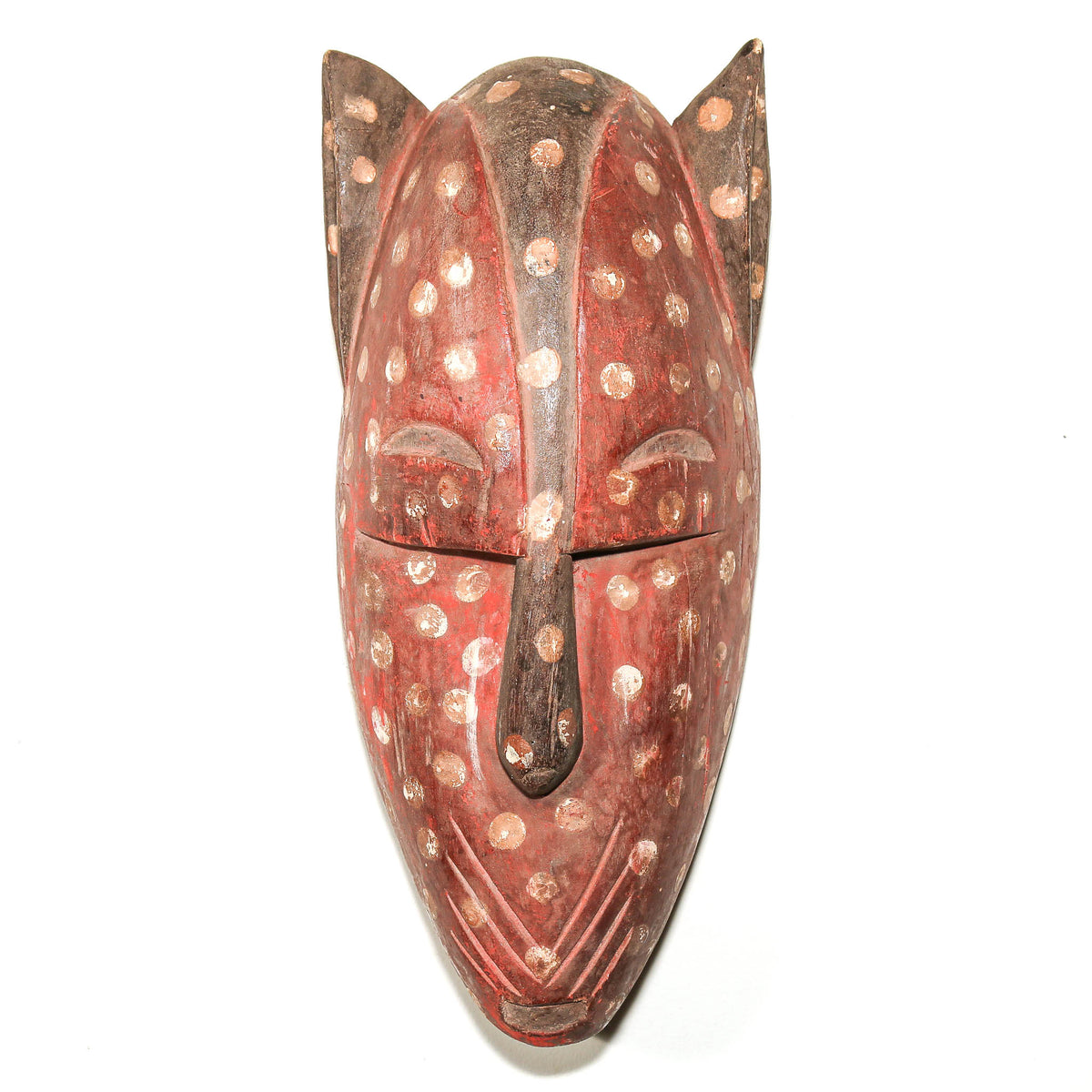 Bamana cat face mask from Mali displayed as collectible African tribal art with stylized feline features and carved wood form
