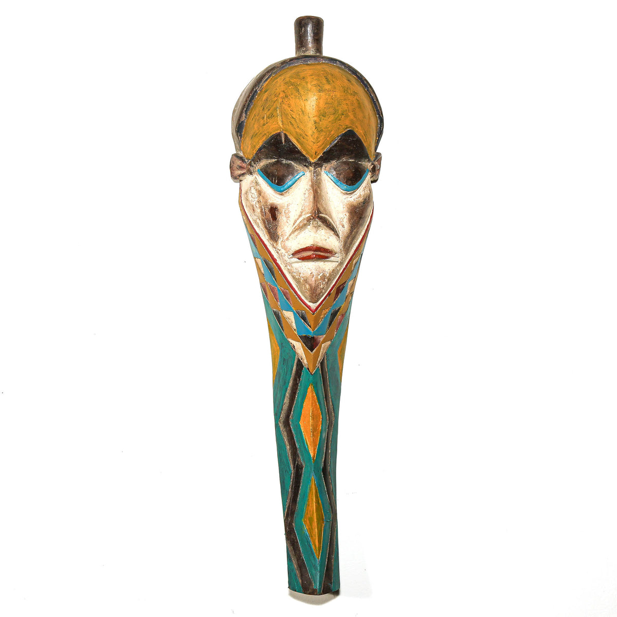 Hand-carved Pende African mask from Congo featuring classic geometric details and expressive facial design