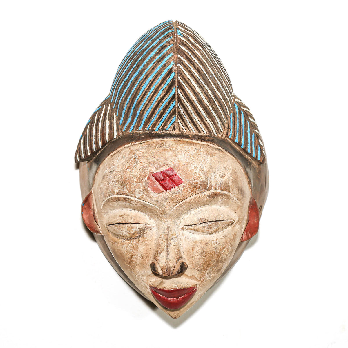 Gabonese Punu mask with blue and red painted details, graceful facial proportions, and collectible African tribal art design