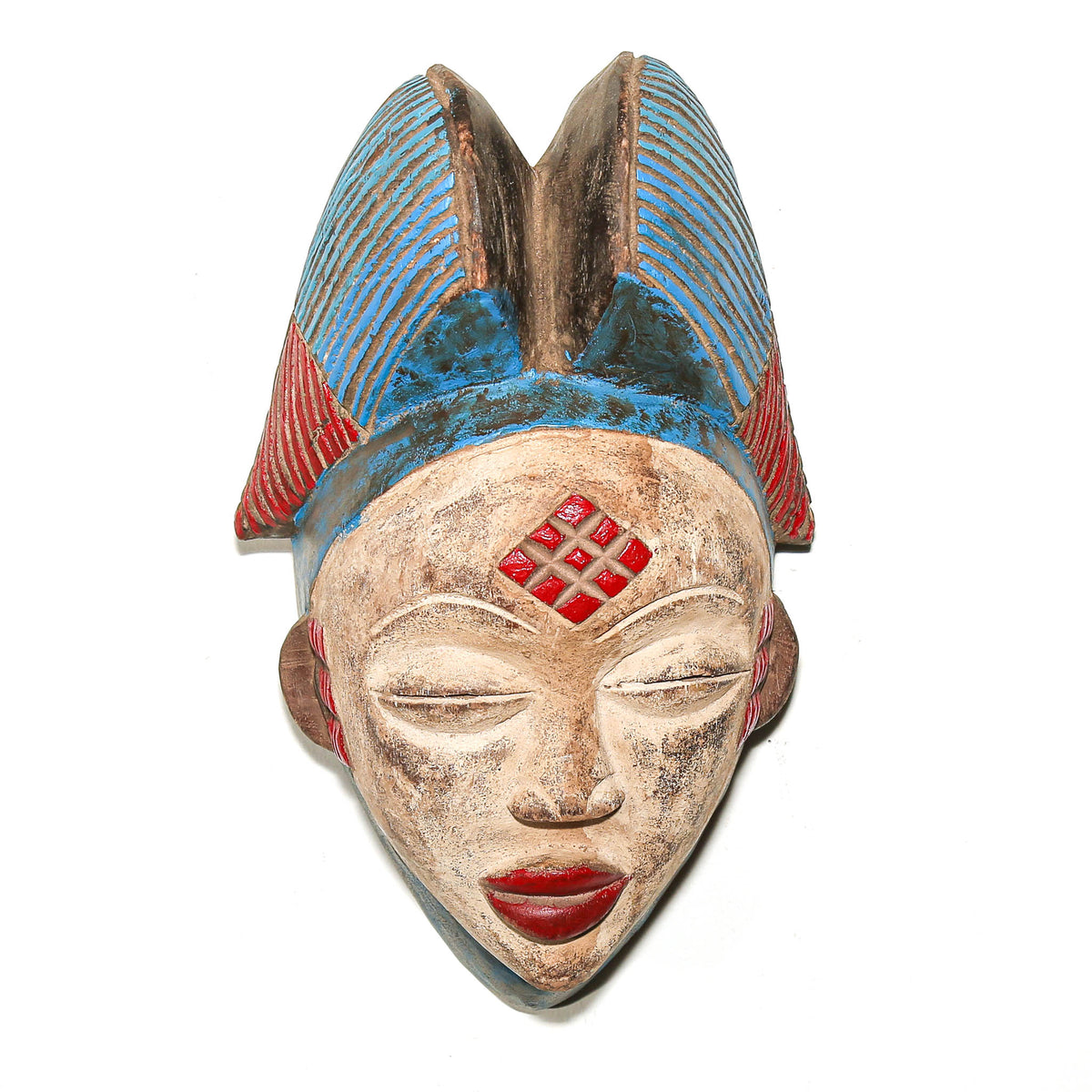 Punu mask from Gabon with red and blue painted details, refined facial features, and an elegant carved wood form