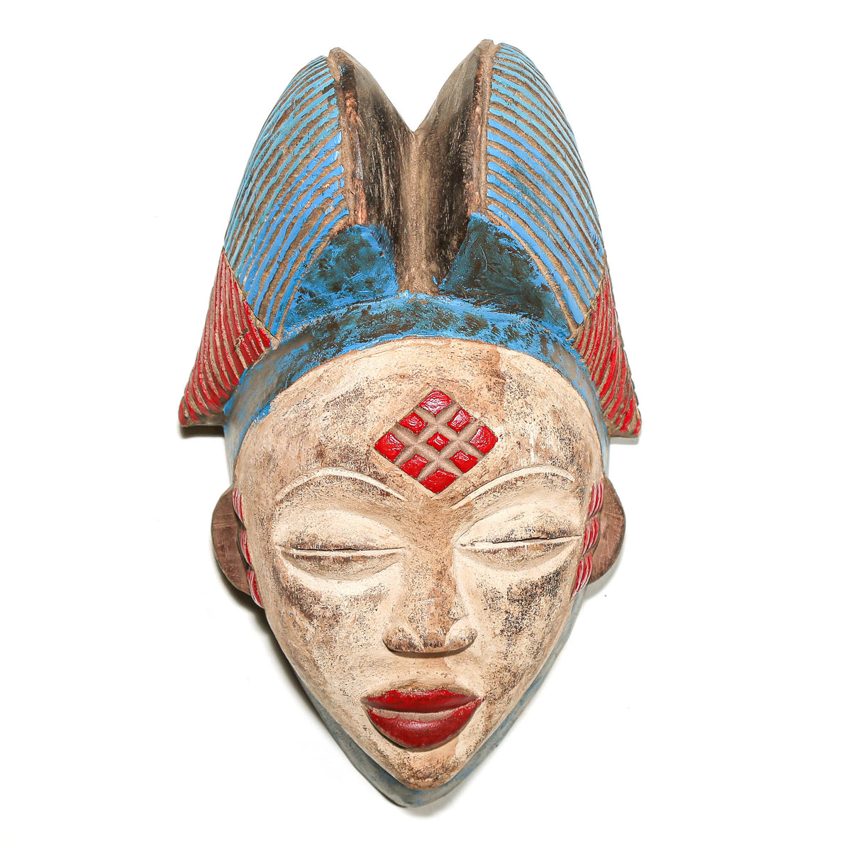 Collectible Punu mask from Gabon with carved facial features and distinctive red and blue painted highlights across the surface