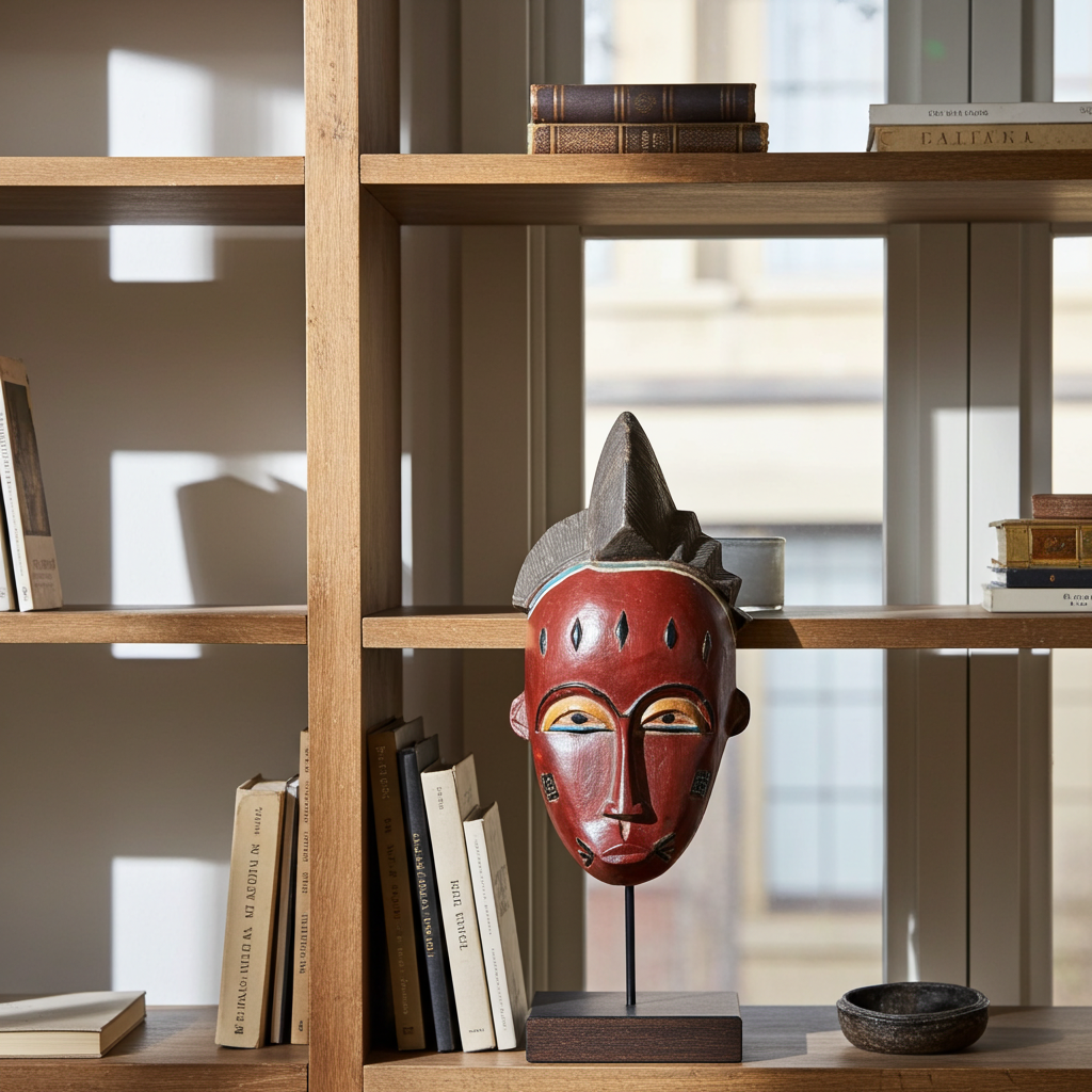 Wooden mask on a shelf with books and decor items