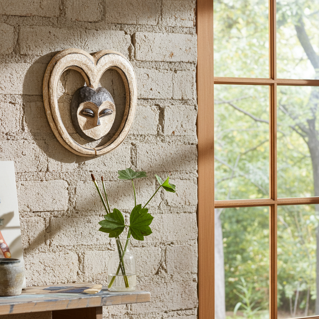Decorative African wall mask on a textured wall with a window showing greenery outside