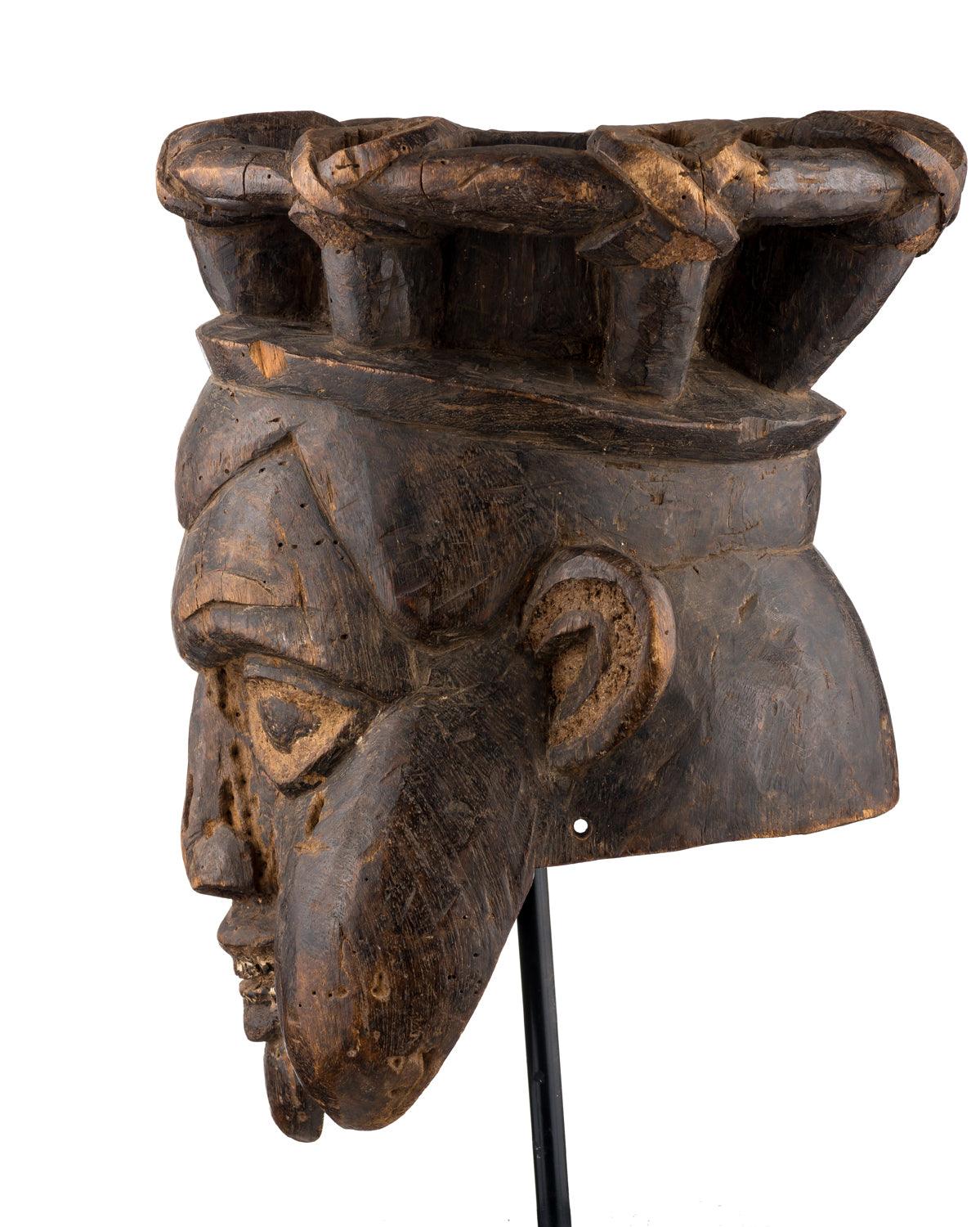 Bamum helmet mask with crown tribal art